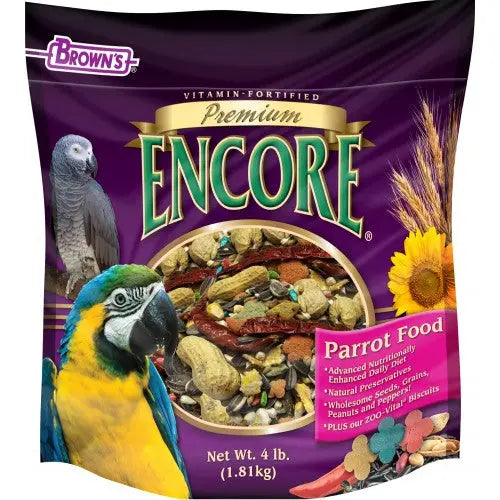 Vibrant mix of Brown's 4lb Encore Parrot Food with colorful, vitamin-packed shapes and premium seeds for a nutritious pet meal.