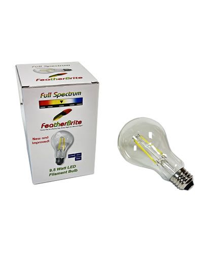 Bright 9.5w Featherbrite LED filament bulb glowing with a full-spectrum 5500k light, ideal for pet birds' vibrant feathers.