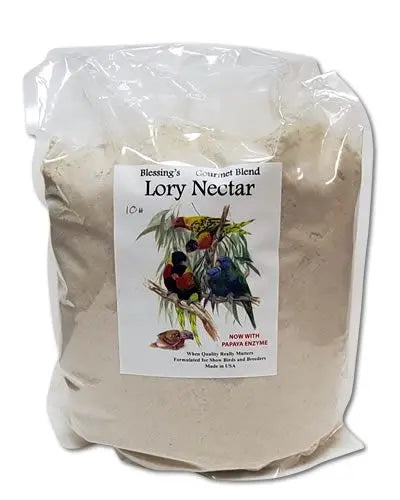 Vibrant 10lb bag of Blessing's Gourmet Blend Lory Nectar, packed with nutritious, low-iron ingredients for lory health.