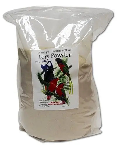 Vibrant 10lb bag of Blessing's Gourmet Blend Lory Powder, a low-iron, nutrient-rich food for optimal lory health.