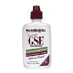 NutriBiotic 2oz Grapefruit Seed Extract bottle, showcasing a clear liquid solution derived from grapefruit seed and pulp.