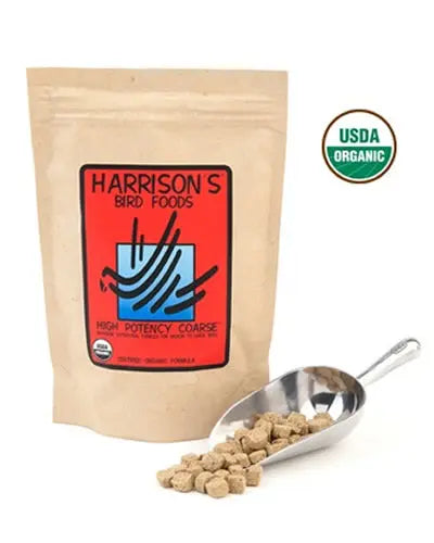 Crunchy, coarse nuggets of Harrison's High Potency Bird Food, ideal for larger birds like Macaws and Cockatoos.