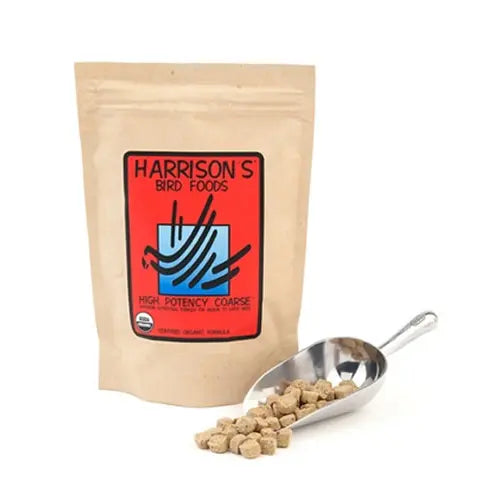 Vibrant 5lb bag of Harrison's High Potency Coarse bird food, featuring large, crunchy nuggets for Amazons and Macaws.