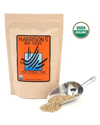 Crunchy, organic Harrison's High Potency Fine bird food in a 1lb bag, ideal for small birds like parakeets and cockatiels.