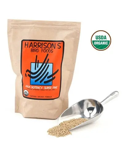 Vibrant 1lb bag of Harrison's High Potency Super Fine bird food, perfect for small birds like Parakeets and Cockatiels.