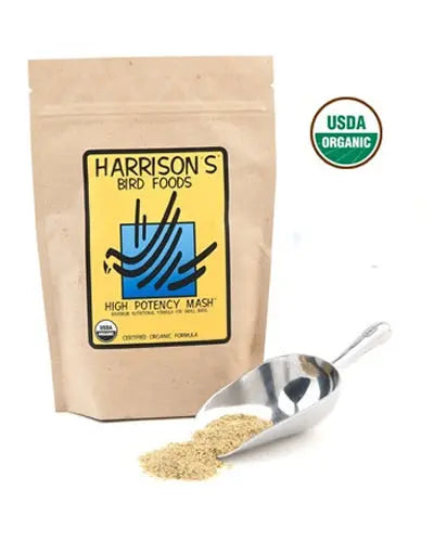 Fine powder of Harrison's High Potency Mash bird food, designed for molting or sick birds, in a 1lb pack for optimal nutrition.