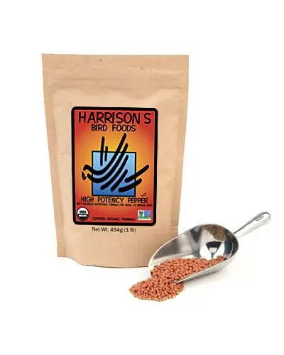 Vibrant red Harrison's High Potency Pepper Fine in a 1lb bag, a spicy nutritional blend for small to medium birds.