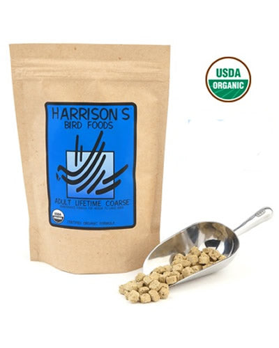 Crunchy, organic Harrison's Adult Lifetime Coarse bird food, perfect for African Greys and Macaws, in a 1lb pack.