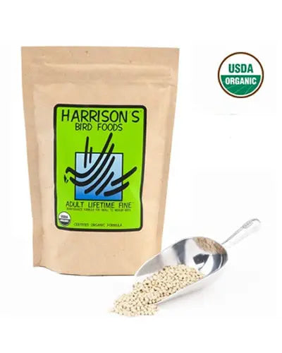 Close-up of Harrison's Adult Lifetime Fine bird food, featuring small, organic nuggets ideal for smaller companion birds.