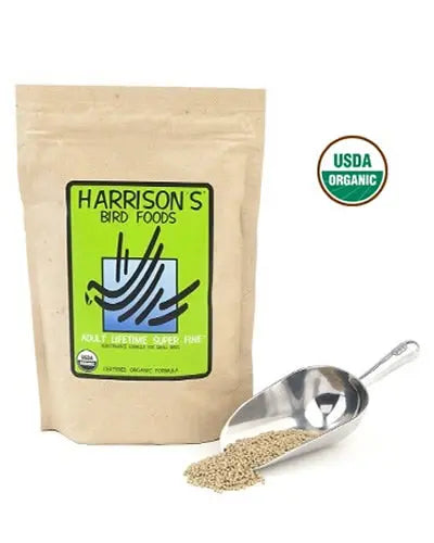 Harrison's Adult Lifetime Super Fine 1lb bag of organic bird food pellets, ideal for small birds like Budgies and Canaries, with a crunchy, nutty texture.