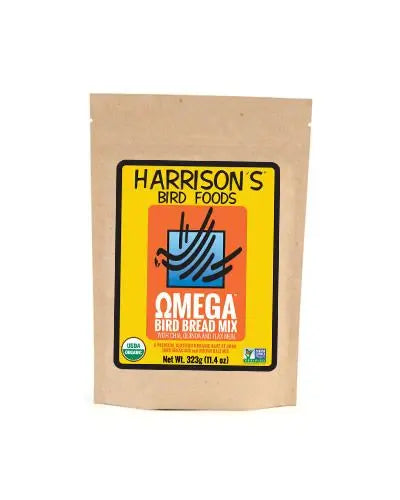 Freshly baked Harrison's Omega Bird Bread Mix, a certified organic, non-GMO treat for birds, perfect for healthy snacking.