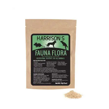 Close-up of a 2oz jar of Harrison's Fauna Flora, a nutritional supplement for animals, with a vibrant label and fine powder visible.