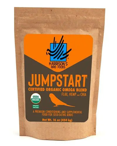 Harrison's Jumpstart Omega, a premium organic bird food rich in omega fats, displayed in a vibrant, nutrient-packed package.