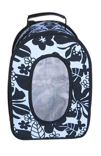 Sleek black soft-sided bird carrier with a tropical design, featuring mesh panels for ventilation and a cozy interior.