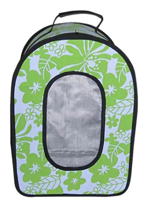 Vibrant green soft-sided bird carrier with a tropical design, featuring mesh panels for ventilation and a cozy interior.