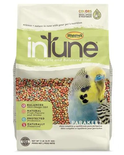 Vibrant Higgins InTune Parakeet Pellets in a 2lb bag, showcasing natural fruit-colored pellets packed with vitamins.