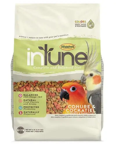 Vibrant 2lb bag of Higgins InTune Tiel/Conure Pellets, showcasing colorful, fruit-flavored bird food for optimal nutrition.