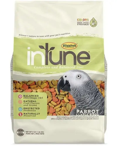 Vibrant 3lb InTune Parrot Pellets by Higgins, showcasing colorful, natural bird food with fruity aromas of banana and berries.
