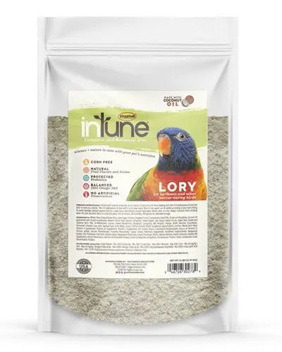 Vibrant 2lb bag of Higgins InTune Lory food, crafted for nectar-eating birds with natural fruit and veggie flavors.