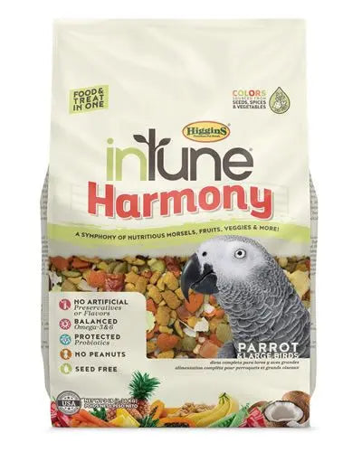Vibrant mix of inTune Harmony Parrot food with colorful extruded morsels, pineapple chunks, cashews, and green peas for large birds.