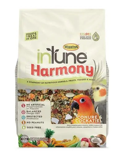Vibrant mix of inTune Harmony food for conures and cockatiels, featuring colorful extruded morsels, tropical fruits, and nuts.