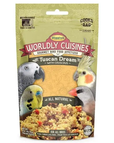 Savor the vibrant 2oz Tuscan Dream by Higgins, a gourmet cooked bird food packed with colorful, natural ingredients.