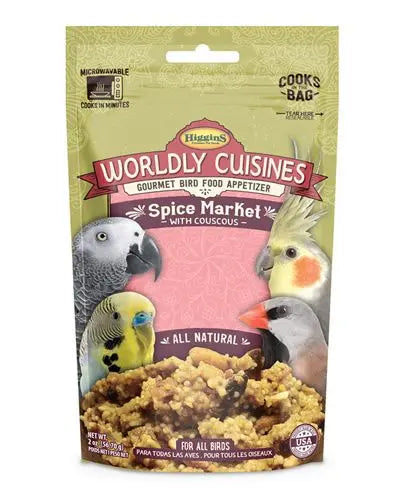 Explore exotic flavors with Higgins Worldly Cuisines Spice Market, a vibrant mix of couscous, raisins, dates, and spices for birds.