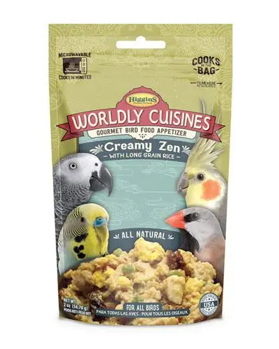 Savor the Far East with Creamy Zen Worldly Cuisines, a vibrant bird food mix featuring dates, bananas, and creamy rice.