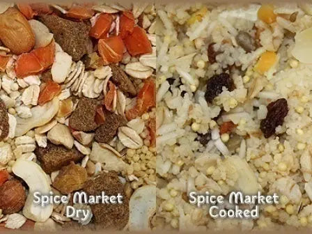 Savor the exotic with Higgins Worldly Cuisines Spice Market, a vibrant mix of couscous, raisins, dates, and almonds for birds.