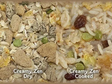 Creamy Zen bird food by Higgins, a gourmet blend with dates, bananas, and basmati rice, inspired by Far Eastern flavors.