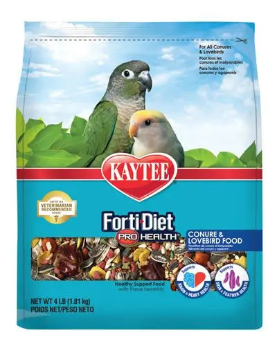 Vibrant mix of seeds and grains in Kaytee Forti Diet Pro Health for Conures and Lovebirds, packed with vital nutrients.