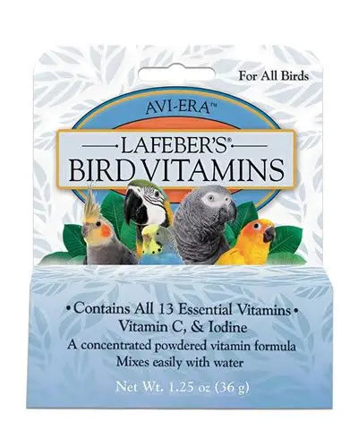 Vibrant 1.25oz jar of Lafebers Avi-Era Vitamin Powder, a colorful, essential health supplement for birds.