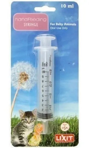 Close-up of a Lixit 10ml Hand Feeding Syringe, perfect for baby birds and animals, with clear measurement markings.