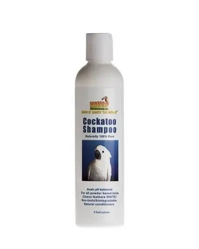 Vibrant bottle of Cockatoo Shampoo in Mango scent, designed to clean and brighten parrot feathers with a tropical aroma.