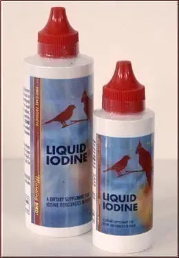 Clear glass bottle of Morning Bird 4oz Liquid Iodine, a vital dietary supplement for birds, labeled for easy identification.