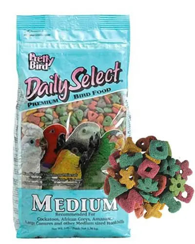 Colorful 3lb bag of Pretty Bird Daily Select Medium Bird Food, packed with nutritious, fruit-shaped pellets for parrots.