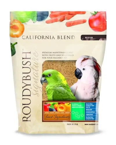 Vibrant mix of dried fruits, veggies, and Roudybush pellets in the 10lb Medium California Blend for pet birds.