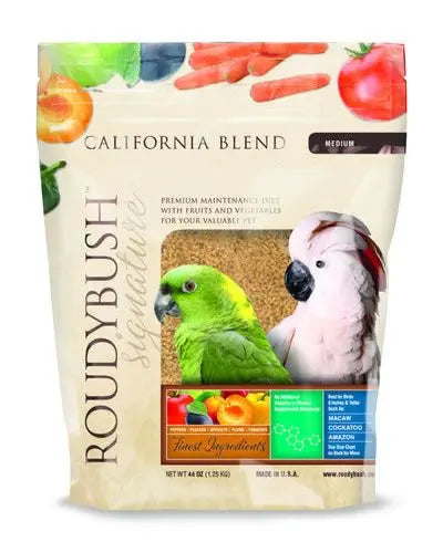 Vibrant mix of dried fruits and veggies with Roudybush Maintenance pellets in a 44oz California Blend for pet birds.