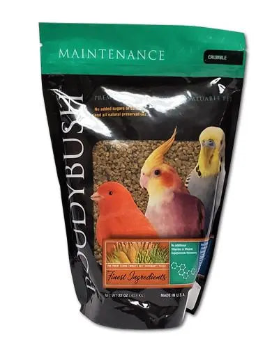 Crunchy 22oz Roudybush Daily Maintenance Crumble, specially formulated for pet birds, in a vibrant, resealable bag.