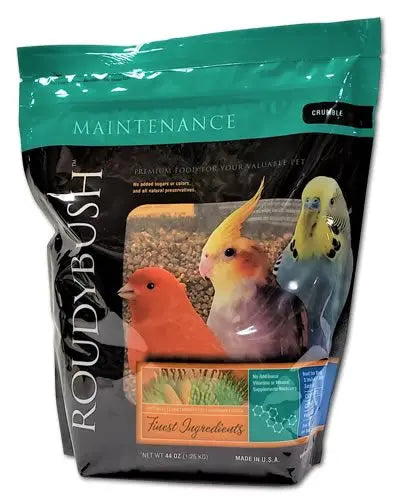 Vibrant 44oz bag of Roudybush Daily Maintenance Crumble, specially formulated for pet birds' nutritional needs.