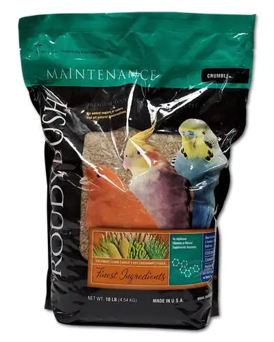 Crumble-style 10lb Roudybush Daily Maintenance bird food in a vibrant package, designed for optimal avian nutrition.