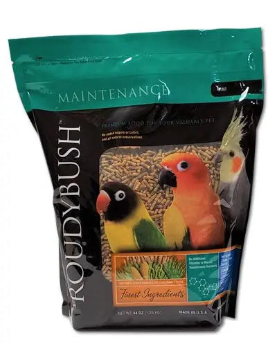 Small, nutrient-packed Roudybush Daily Maintenance Mini pellets in a 44oz bag, ideal for pet birds like Cockatiels and Conures.