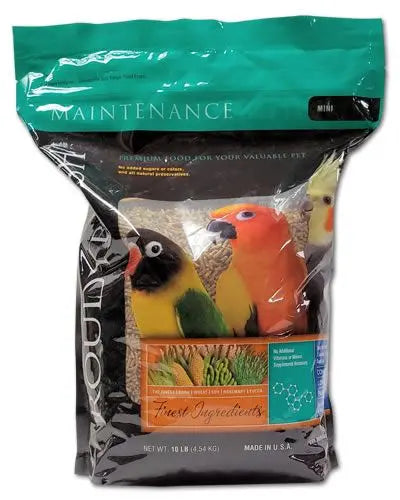 Close-up of Roudybush Daily Maintenance Mini 10lb bag, showcasing nutrient-rich pellets for pet birds like Cockatiels.