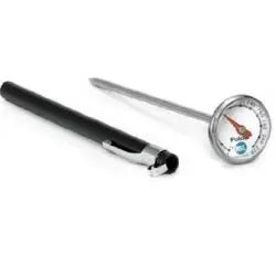 Handy instant-read thermometer with a clear digital display, perfect for checking food temperatures from 0 to 220°F.