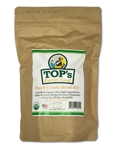 Vibrant bag of TOP's Peas & Carrots Bread Mix, showcasing a 1.35lb pack of organic, colorful ingredients for bird treats.