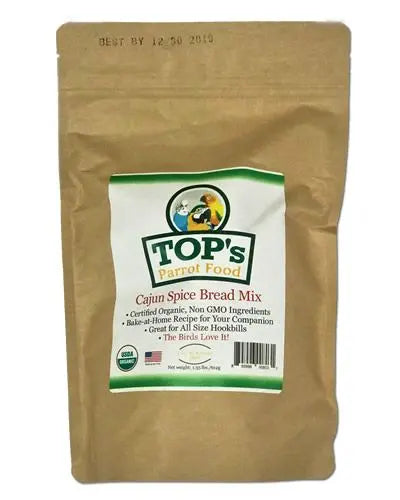 Savor the bold flavors with TOP's 1.35lbs Cajun Spice Bread Mix, a vibrant bag of USDA Organic bird treat mix ready to bake.