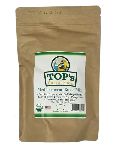 Freshly baked Mediterranean bread mix from TOP's, showcasing a 1.35lbs bag of organic, natural ingredients for bird treats.