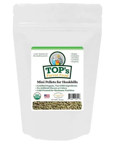 Tiny, organic 1lb Mini Pellets by TOP's Parrot Food, specially sized for small hookbills like budgies and lovebirds.
