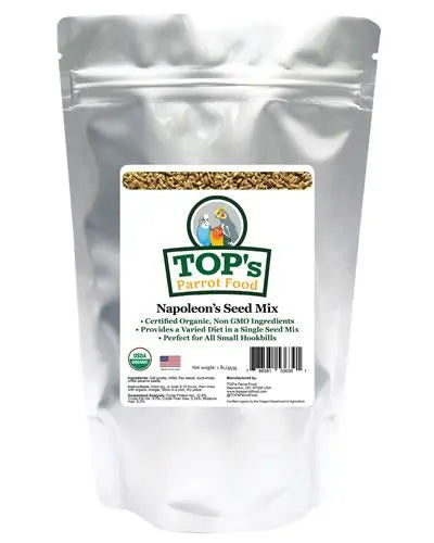 Vibrant mix of organic seeds in TOP's Napoleon's Seed Mix, ideal for small parrots like cockatiels and parakeets.