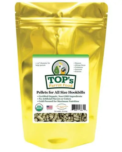 Vibrant 1lb bag of TOP's Parrot Pellets, organic and cold-pressed for all parrot sizes, showcasing natural nutrition.